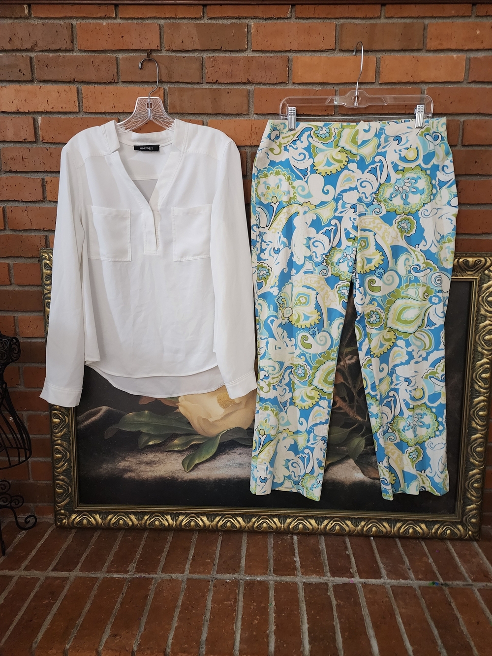 Sigrid Olsen Blue and Green Cropped Pants 10 & Nine West Blouse